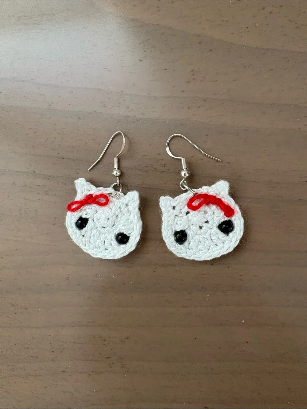 Handmade Crochet Hello Kitty Earrings with Red Bow Accent